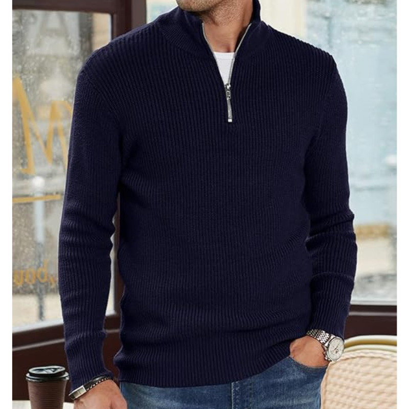 Men's Half-Zip Sweater - Warm Knit Pullover - Navy