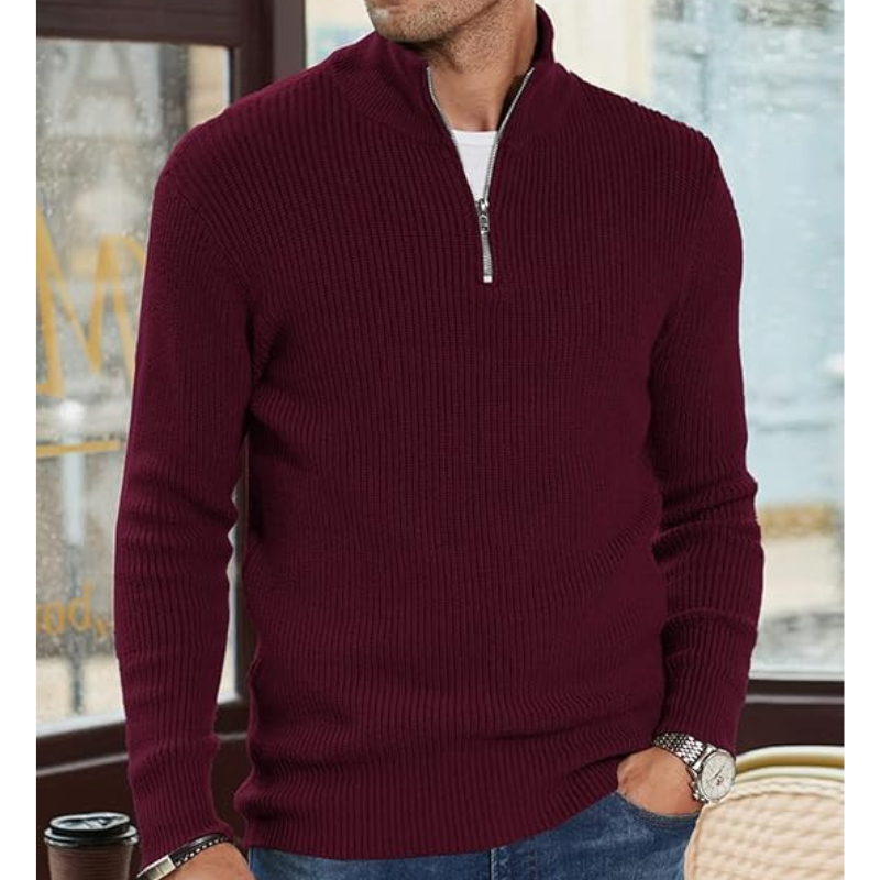Men's Half-Zip Sweater - Warm Knit Pullover - Red
