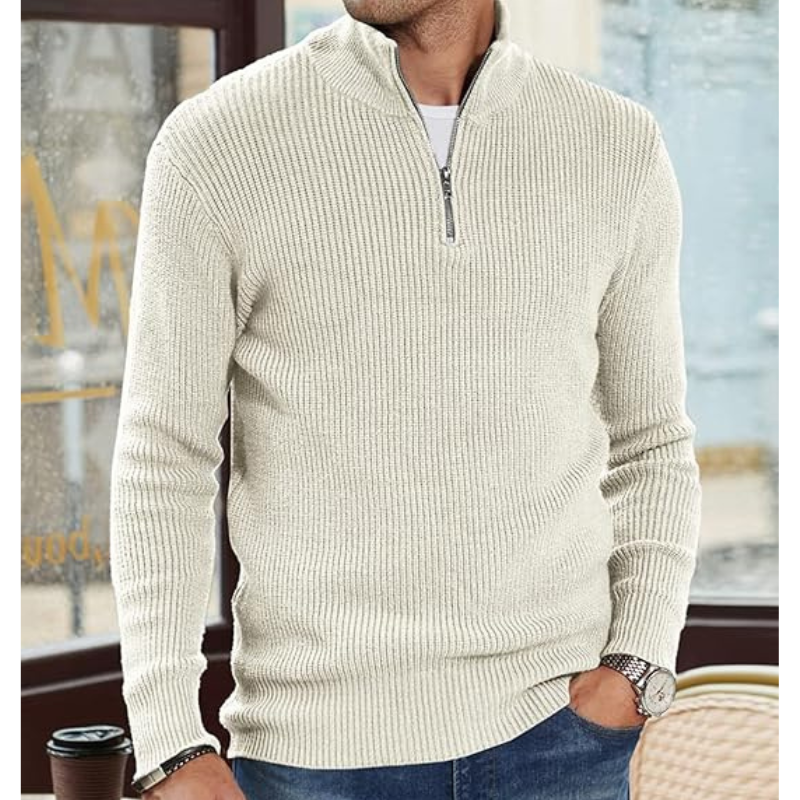 Men's Half-Zip Sweater - Warm Knit Pullover - White