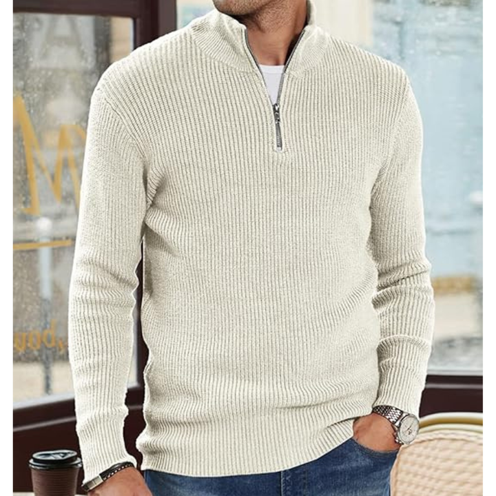 Men's Half-Zip Sweater - Warm Knit Pullover - White