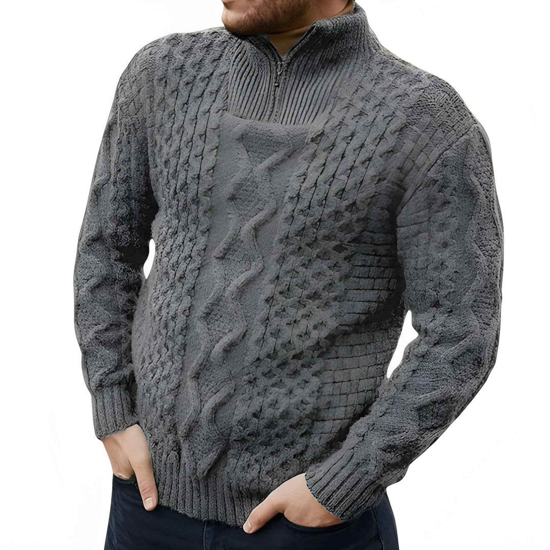 Men's Half-Zip Sweater with Stand Collar - Athletic Fit - Grey