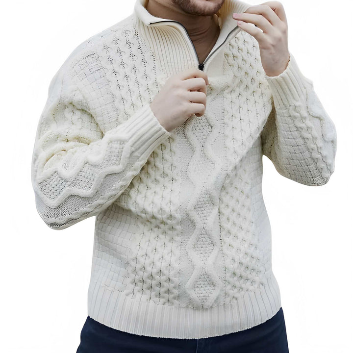 Men's Half-Zip Sweater with Stand Collar - Athletic Fit - White