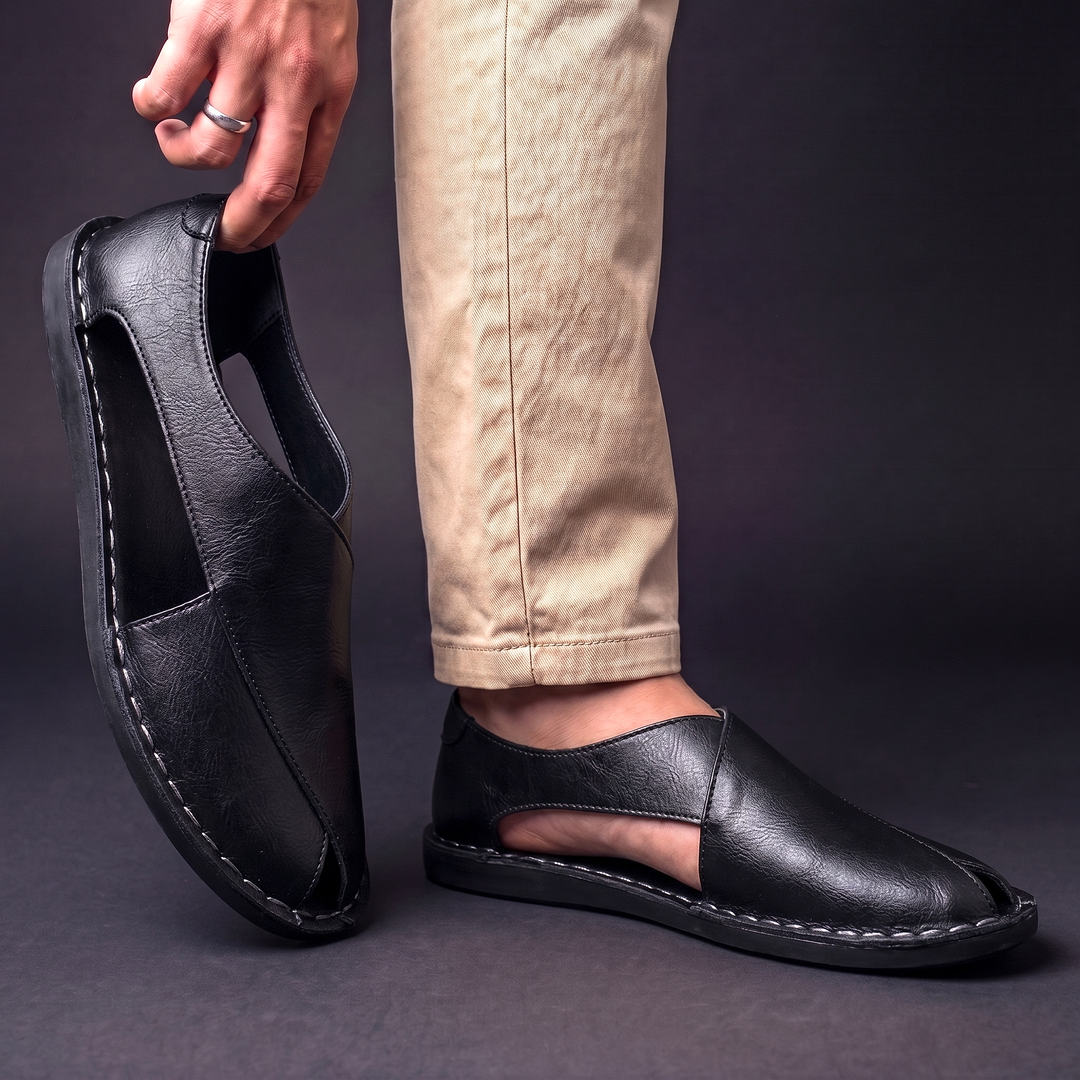 Men's Handcrafted Open-Toe Sandals in black, Classic Comfort