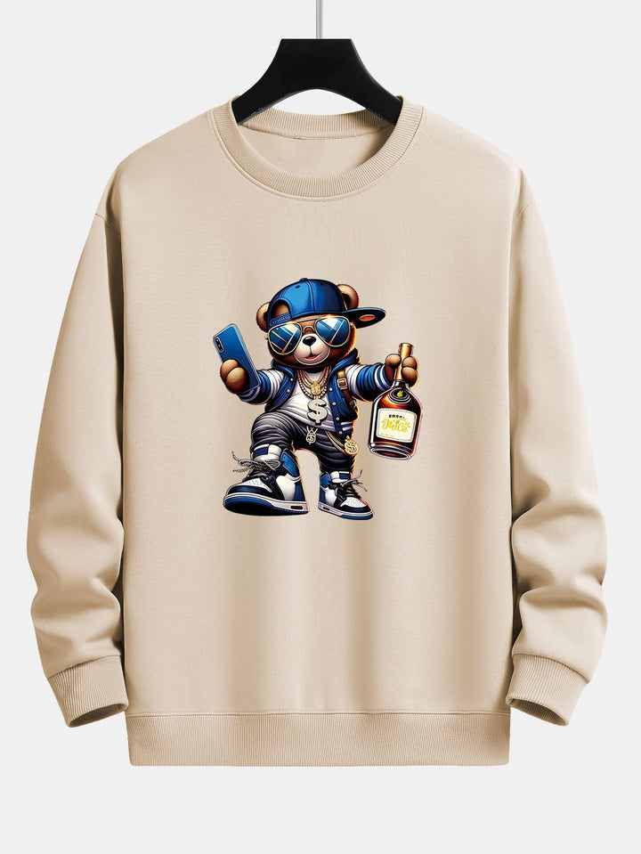 Men's Hip Hop Teddy Bear Graphic Sweatshirt – Relaxed Fit Crew Neck - Beige