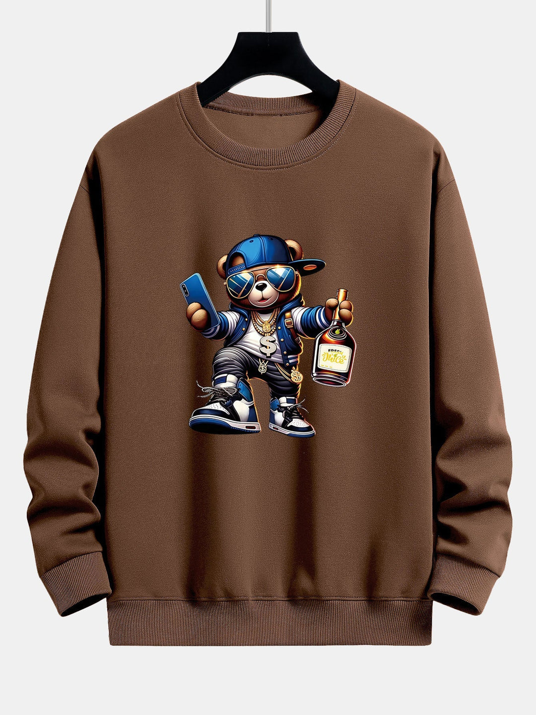 Men's Hip Hop Teddy Bear Graphic Sweatshirt – Relaxed Fit Crew Neck - Brown