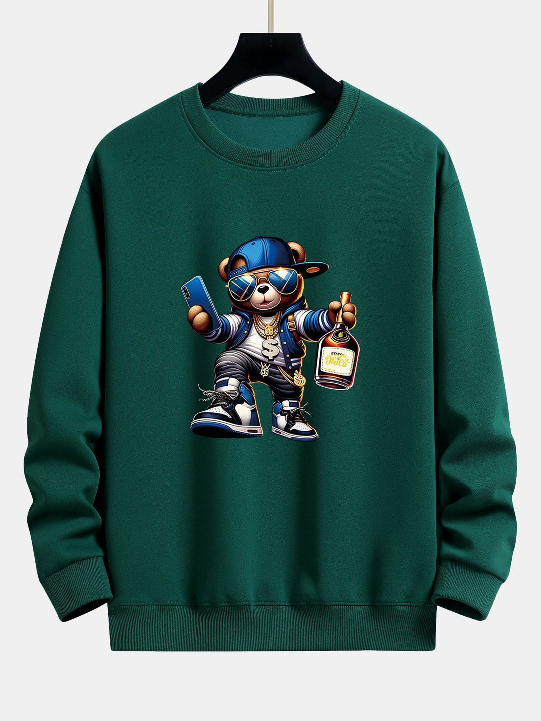 Men's Hip Hop Teddy Bear Graphic Sweatshirt – Relaxed Fit Crew Neck - Green