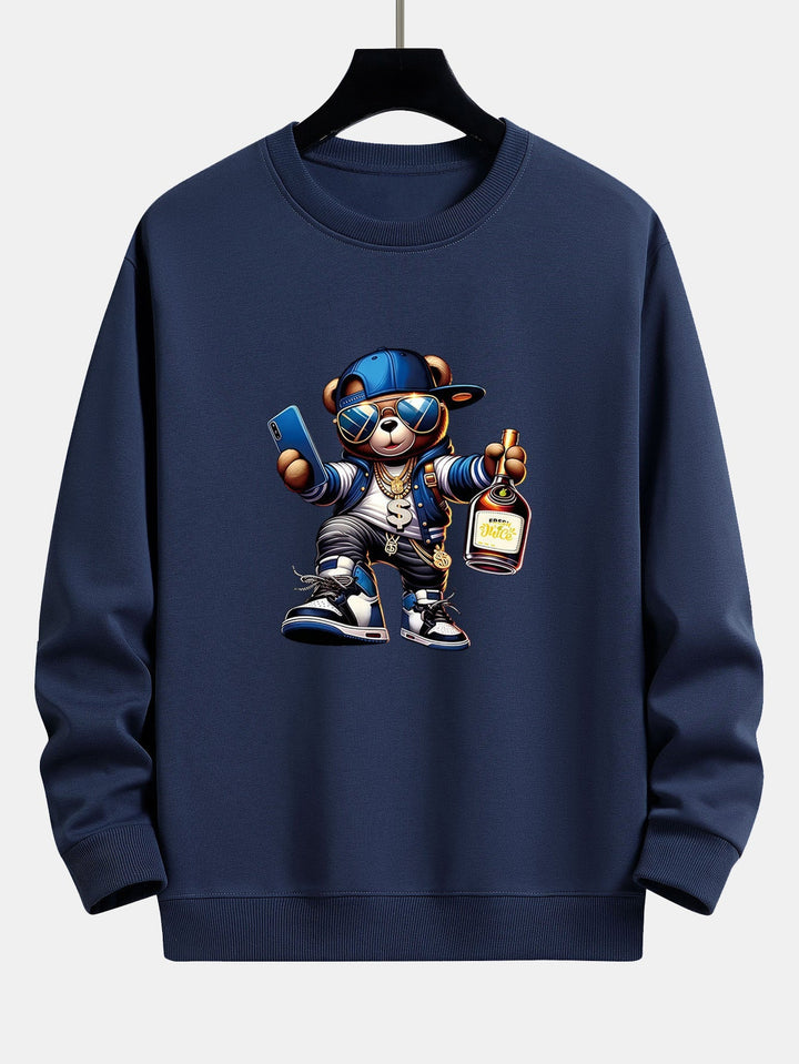 Men's Hip Hop Teddy Bear Graphic Sweatshirt – Relaxed Fit Crew Neck - Navy