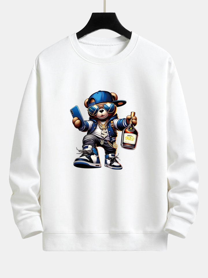 Men's Hip Hop Teddy Bear Graphic Sweatshirt – Relaxed Fit Crew Neck - White