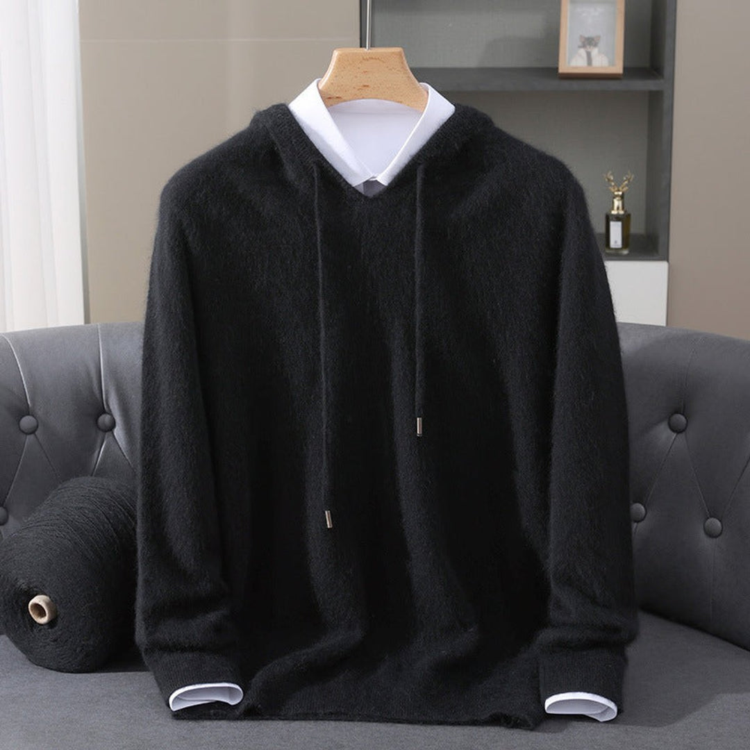 Men's Hooded Knit Pullover Sweater in black, Structured Hood Design