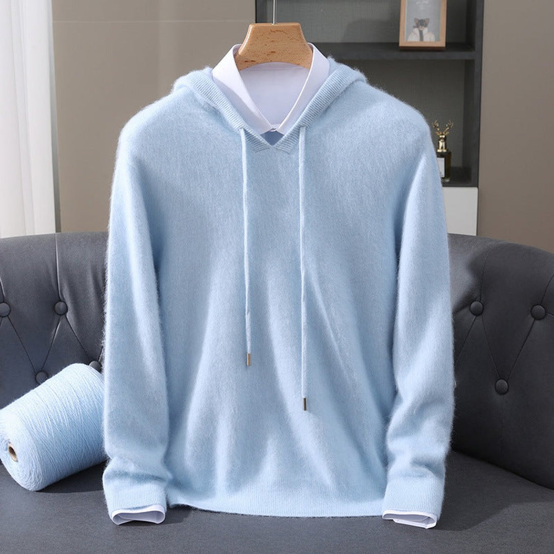 Men's Hooded Knit Pullover Sweater in blue, Structured Hood Design