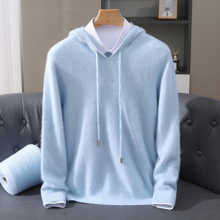 Men's Hooded Knit Pullover Sweater in blue, Structured Hood Design