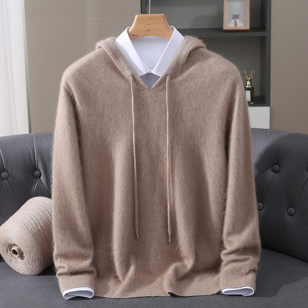 Men's Hooded Knit Pullover Sweater in camel, Structured Hood Design