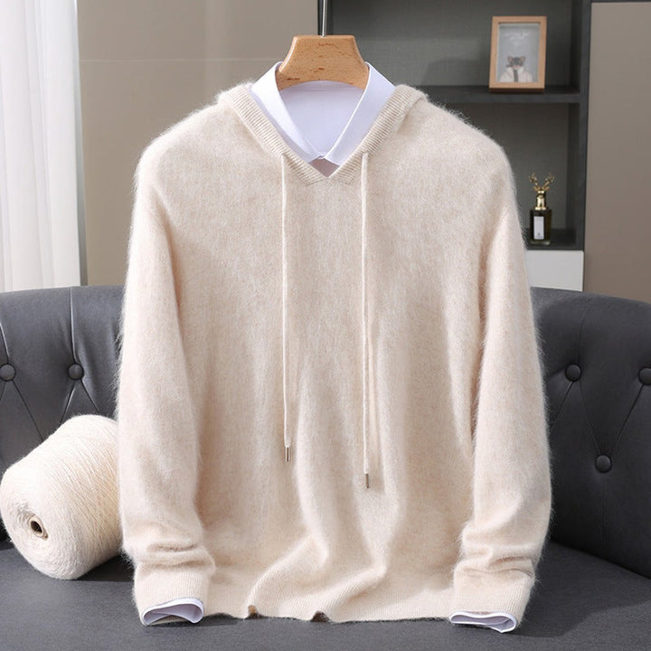 Men's Hooded Knit Pullover Sweater in cream, Structured Hood Design