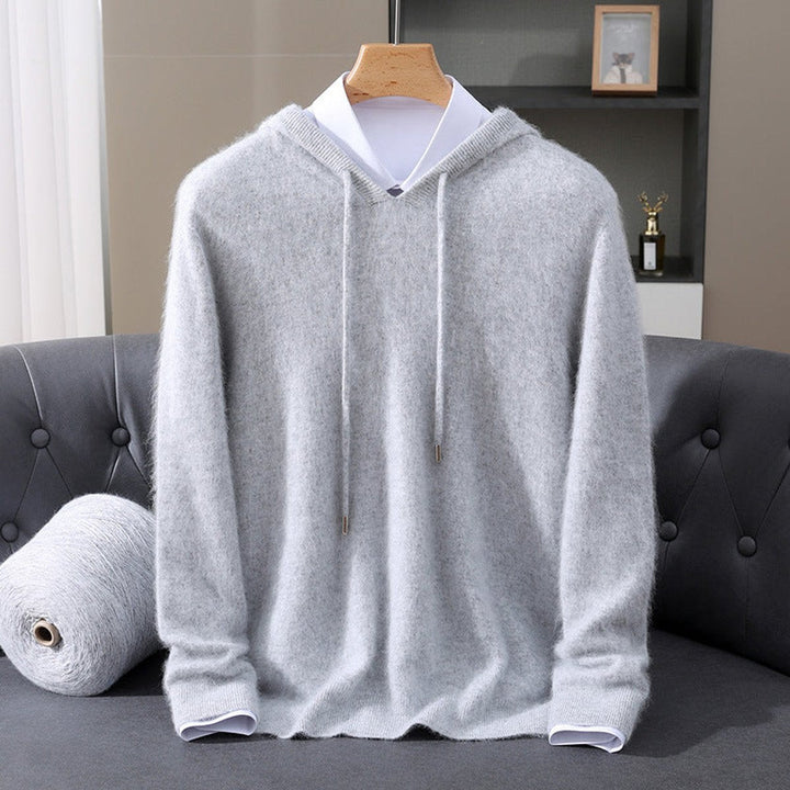 Men's Hooded Knit Pullover Sweater in gray, Structured Hood Design