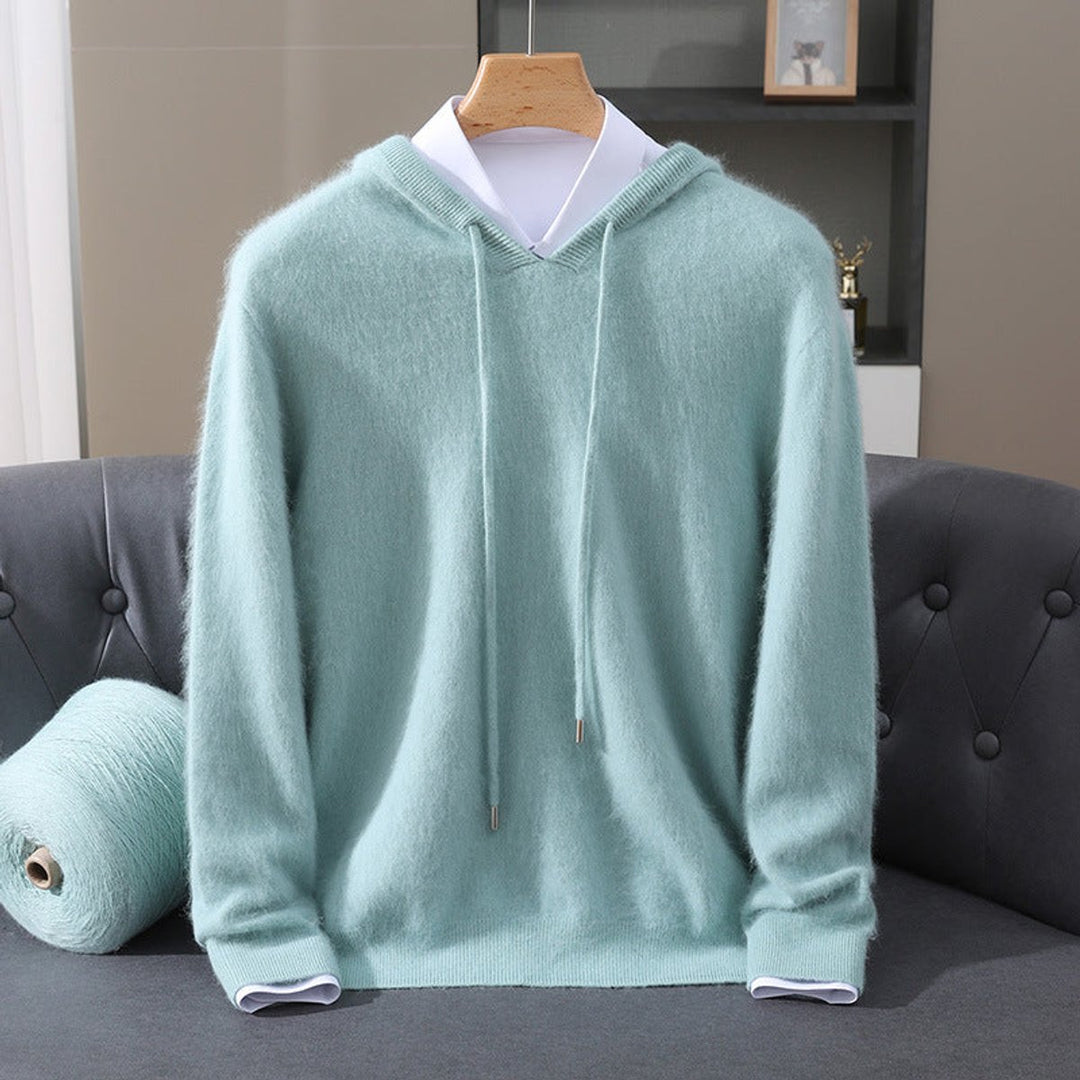 Men's Hooded Knit Pullover Sweater in teal, Structured Hood Design