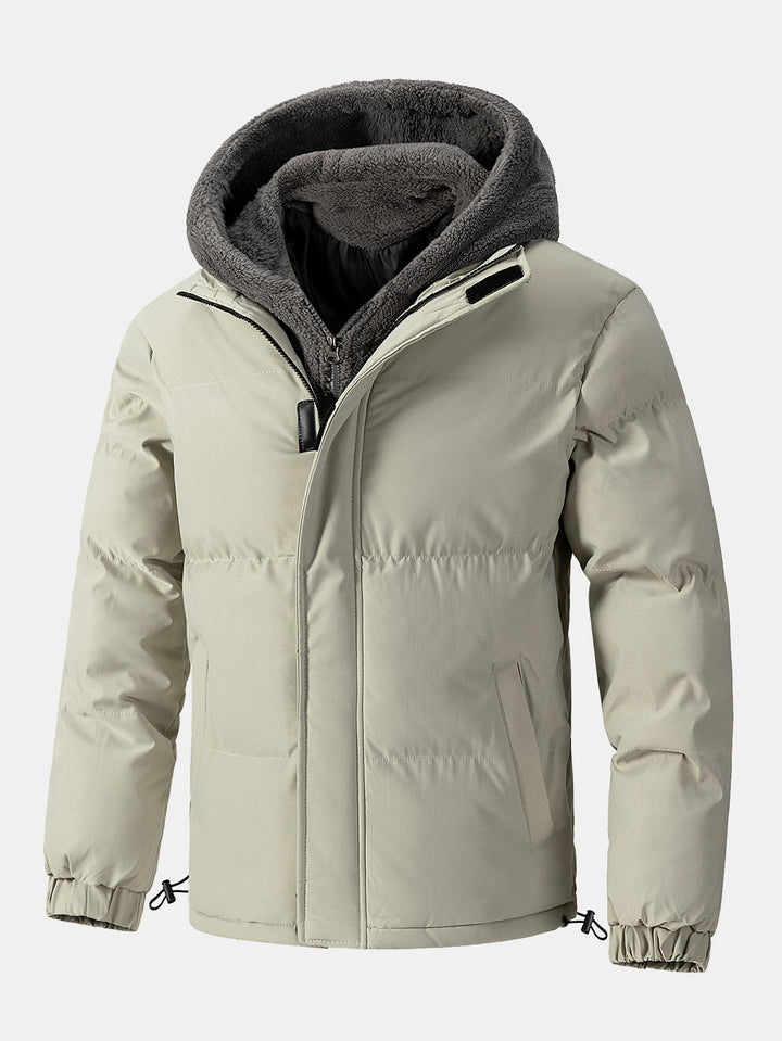Men's Hooded Puffer Jacket with Teddy Fleece Lining – Winter Coat - Beige