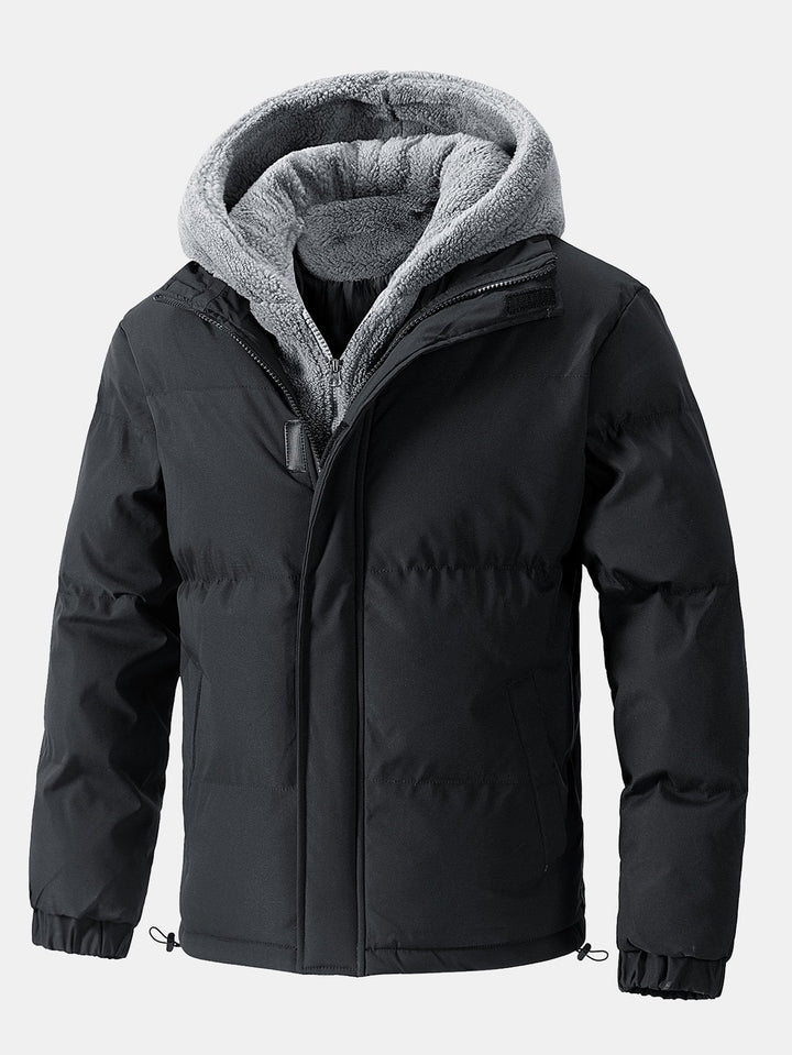 Men's Hooded Puffer Jacket with Teddy Fleece Lining – Winter Coat - Black