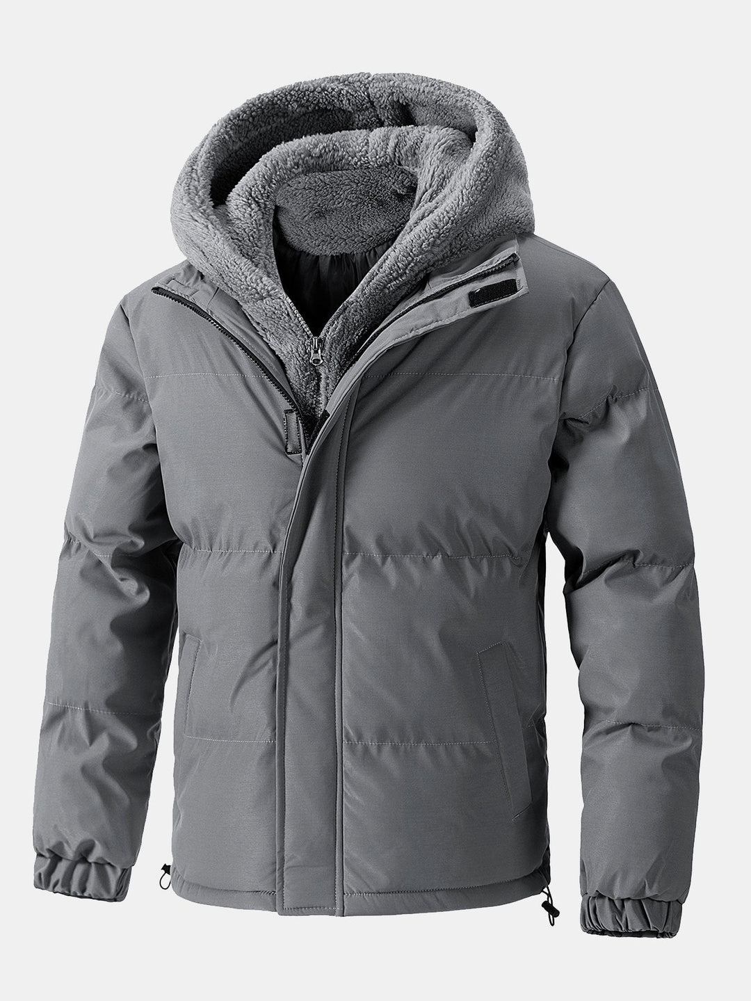 Men's Hooded Puffer Jacket with Teddy Fleece Lining – Winter Coat - Grey