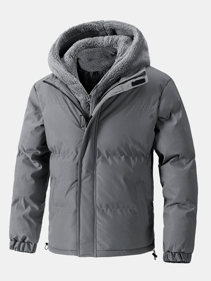 Men's Hooded Puffer Jacket with Teddy Fleece Lining – Winter Coat - Grey
