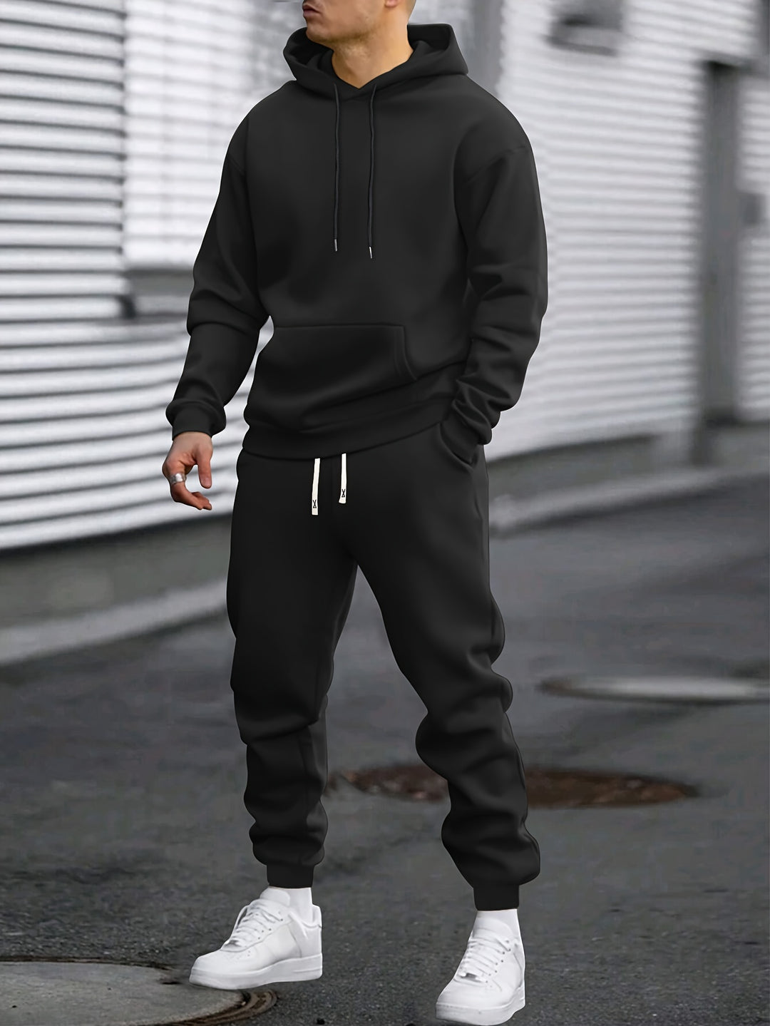 Men's Hoodie & Joggers Set - Casual Comfort - Black
