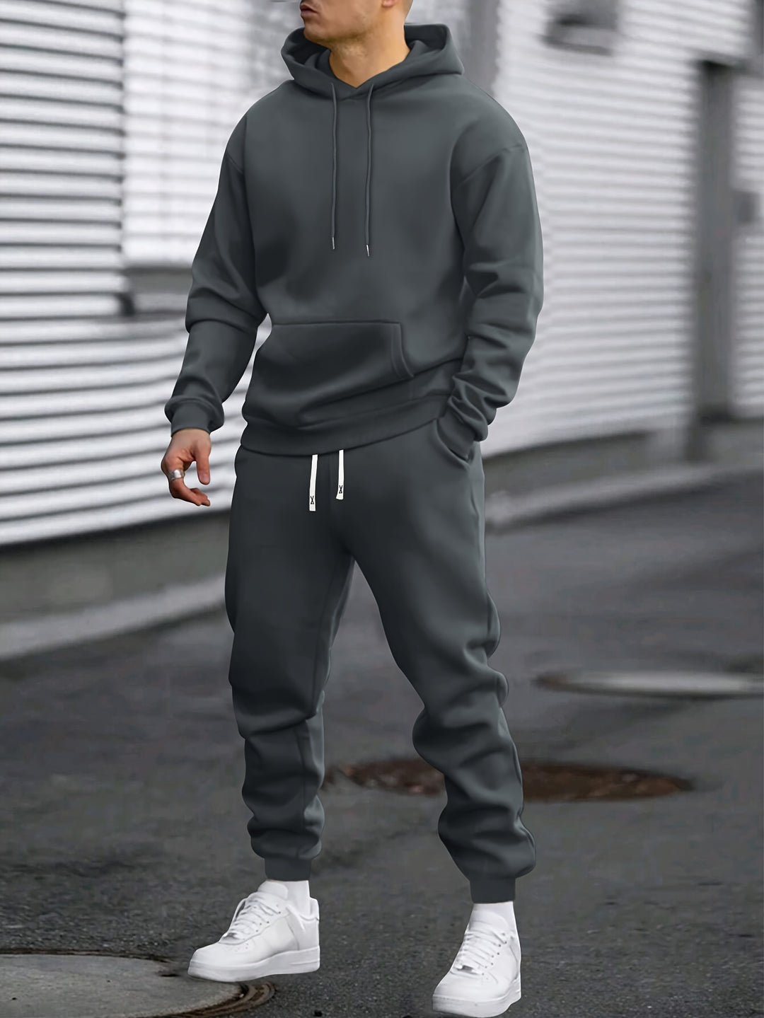 Men's Hoodie & Joggers Set - Casual Comfort - Dark Grey