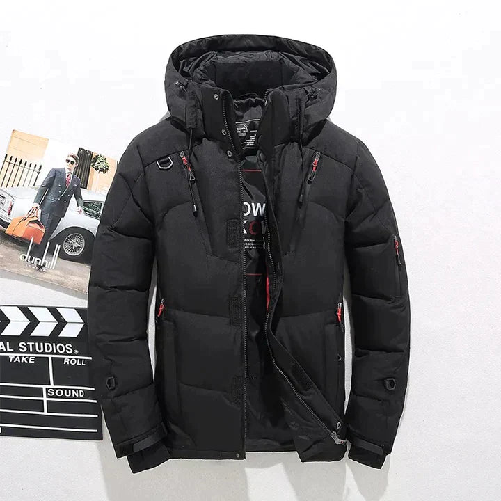Men's Insulated Parka Jacket - Windproof Winter Coat with Hood - Black