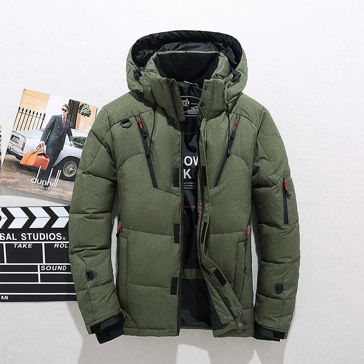 Men's Insulated Parka Jacket - Windproof Winter Coat with Hood - Green