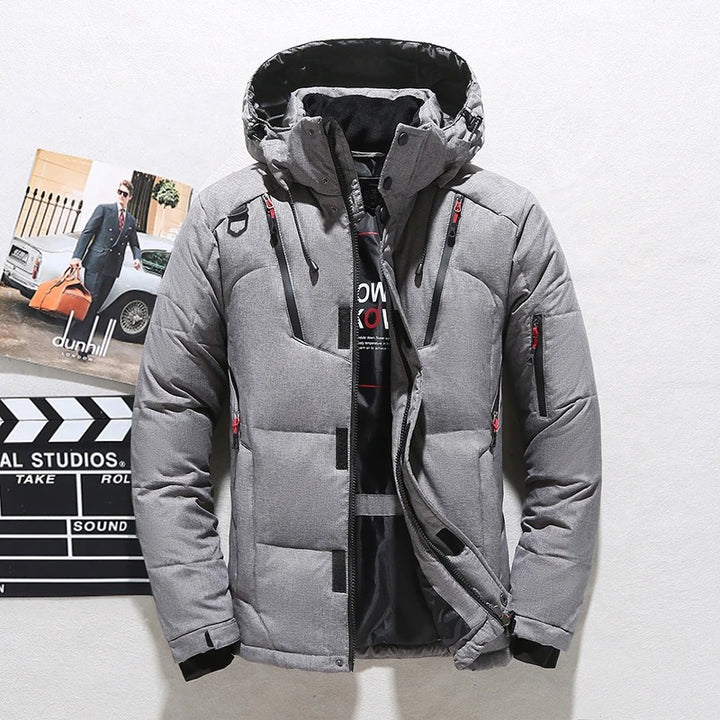 Men's Insulated Parka Jacket - Windproof Winter Coat with Hood - Grey