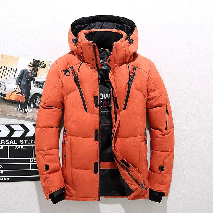 Men's Insulated Parka Jacket - Windproof Winter Coat with Hood - Orange