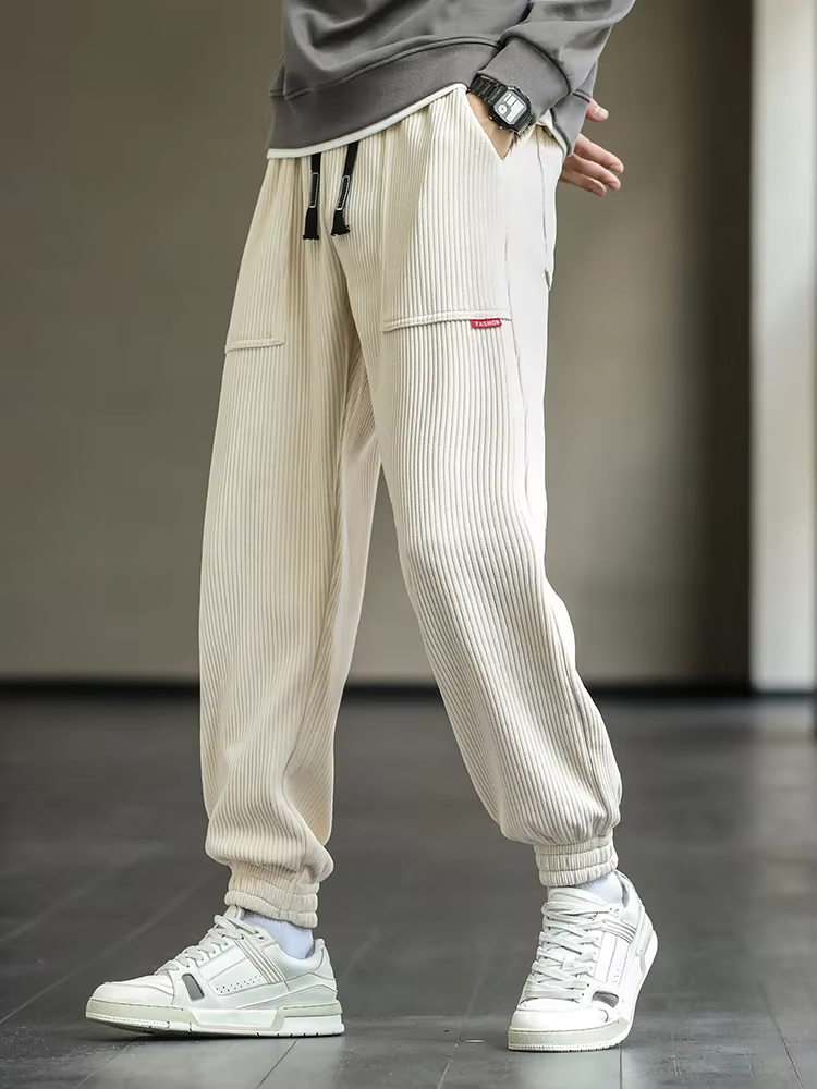 Men's Joggers Loose Fit Corduroy - Casual Comfort - Beige
