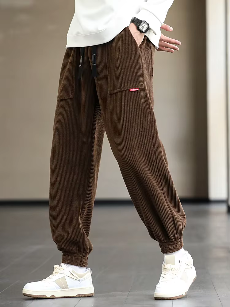 Men's Joggers Loose Fit Corduroy - Casual Comfort - Brown