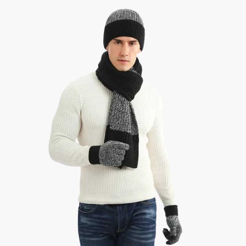 Men's Knit Beanie, Scarf & Gloves Set - Winter Warmth - Black
