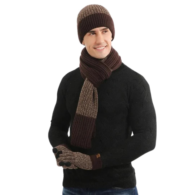 Men's Knit Beanie, Scarf & Gloves Set - Winter Warmth - Brown