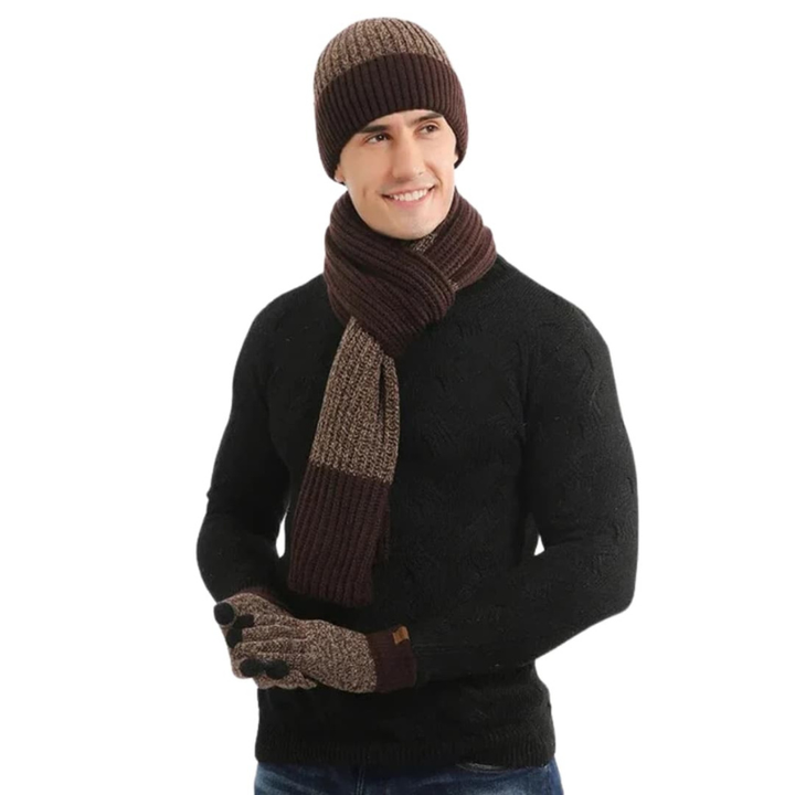 Men's Knit Beanie, Scarf & Gloves Set - Winter Warmth - Brown
