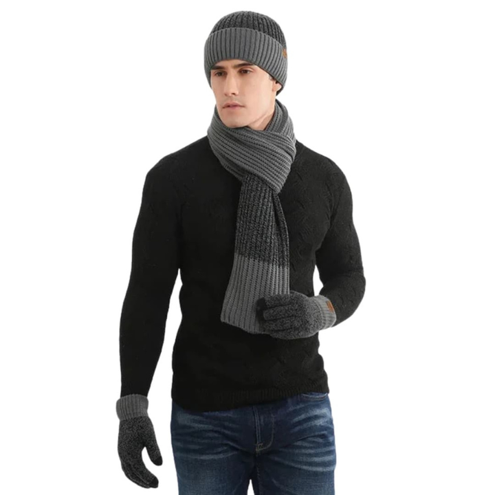 Men's Knit Beanie, Scarf & Gloves Set - Winter Warmth - Grey