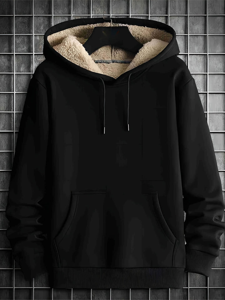 Men's Knit Hoodie with Faux Fur Lining - Warm Winter Casual - Black