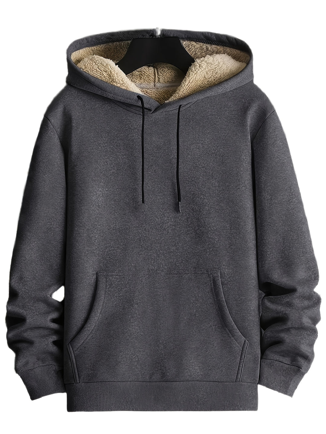 Men's Knit Hoodie with Faux Fur Lining - Warm Winter Casual - Charcoal