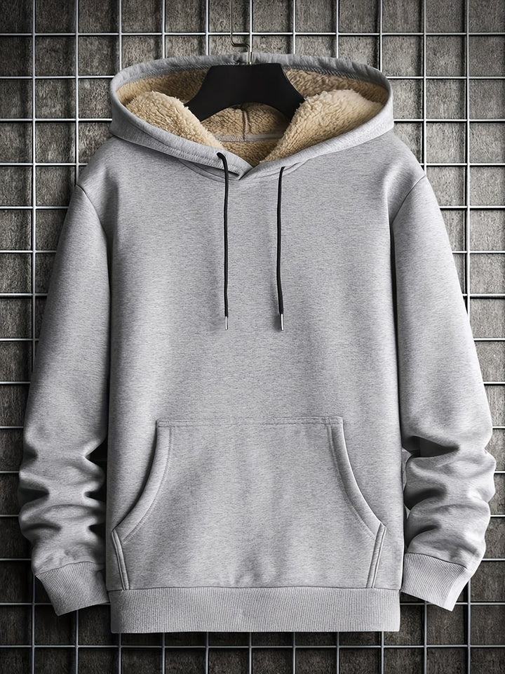 Men's Knit Hoodie with Faux Fur Lining - Warm Winter Casual - Grey