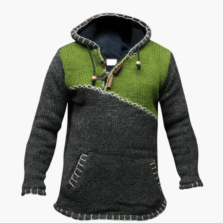 Men's Knit Hoodie with Kangaroo Pocket - Handstitched Design - Green