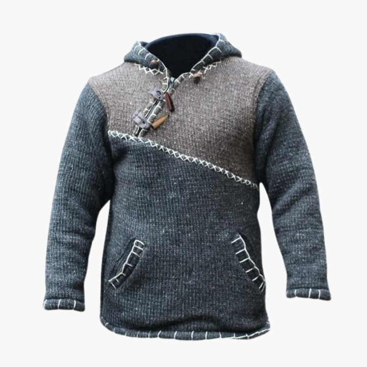 Men's Knit Hoodie with Kangaroo Pocket - Handstitched Design - Grey