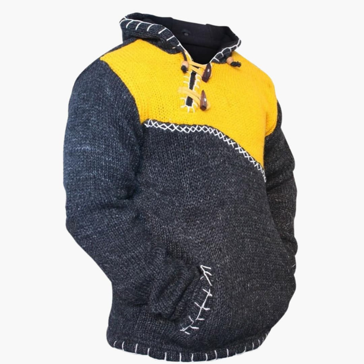 Men's Knit Hoodie with Kangaroo Pocket - Handstitched Design - Yellow