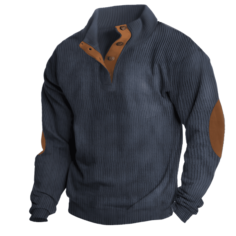 Men's Knit Sweater with Stand Collar - Warm Textured Knit - Blue