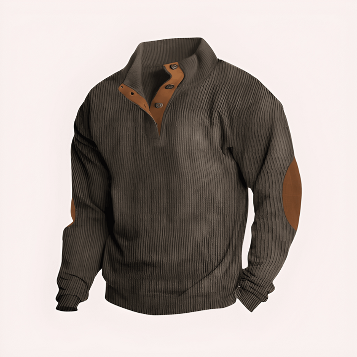 Men's Knit Sweater with Stand Collar - Warm Textured Knit - Brown