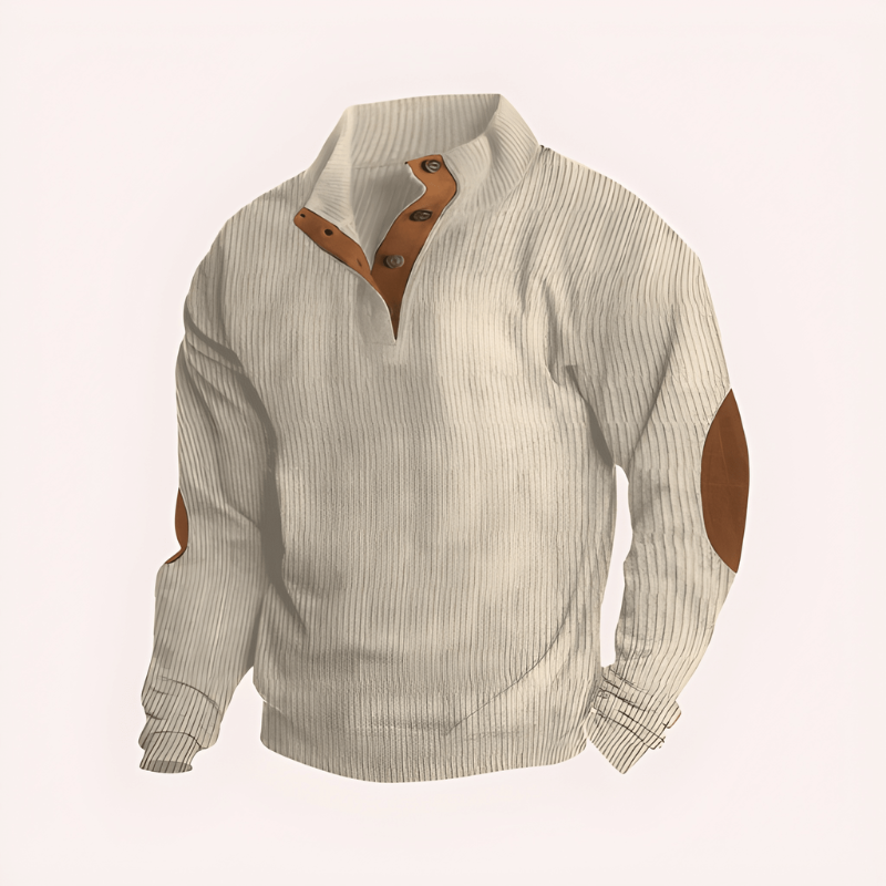 Men's Knit Sweater with Stand Collar - Warm Textured Knit - Khaki