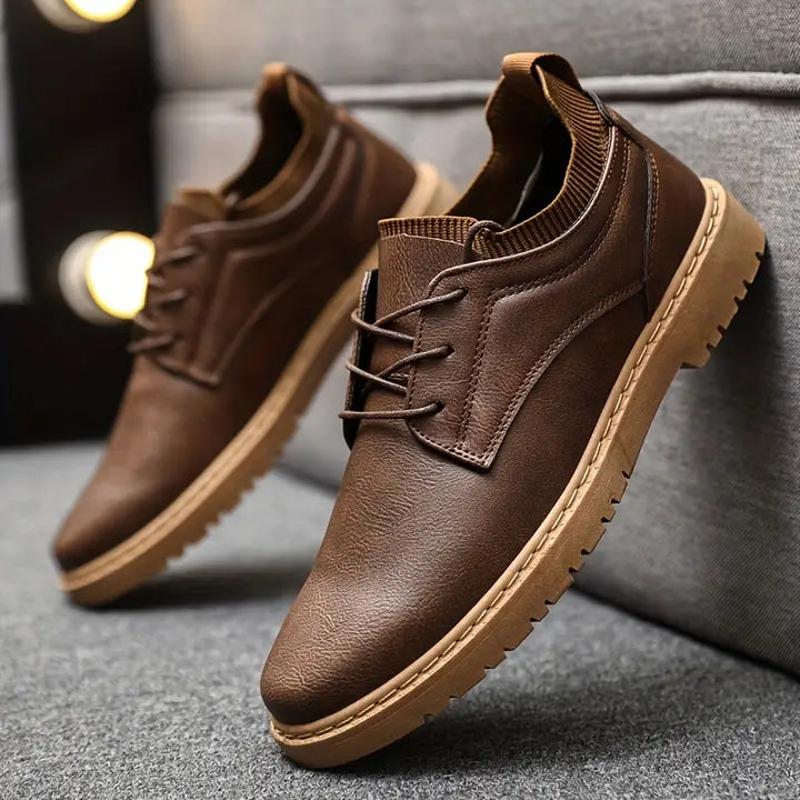 Men's Lace-Up Leather Casual Shoes - Antislip Sole - Brown