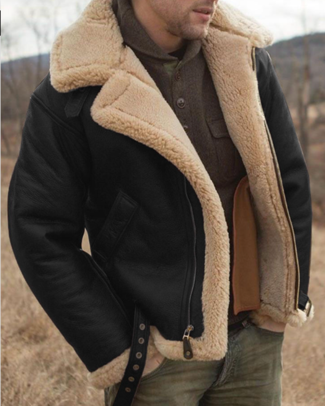 Men's Leather Pilot Jacket - Sherpa Lined Classic - Black
