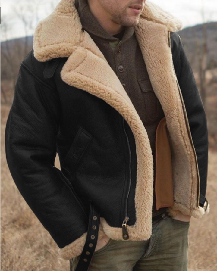 Men's Leather Pilot Jacket - Sherpa Lined Classic - Black