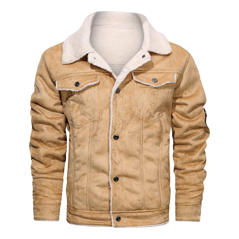 Men's Leather Winter Jacket - Classic Slim Fit - Khaki