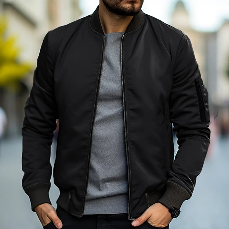 Men's Lightweight Bomber Jacket - Windproof Casual Zip Jacket - Black