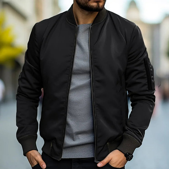 Men's Lightweight Bomber Jacket - Windproof Casual Zip Jacket - Black